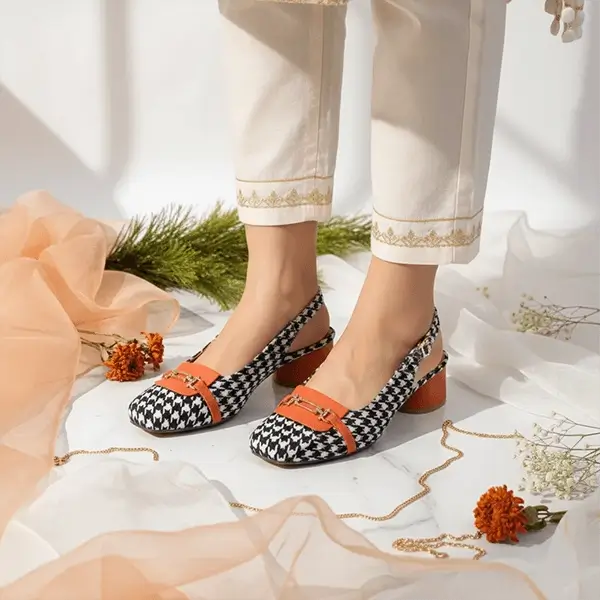 Orange Crush Slingback Block Heel PIU_223 Amarah Fabric Rexine ladies shoes PumpItUp.pk