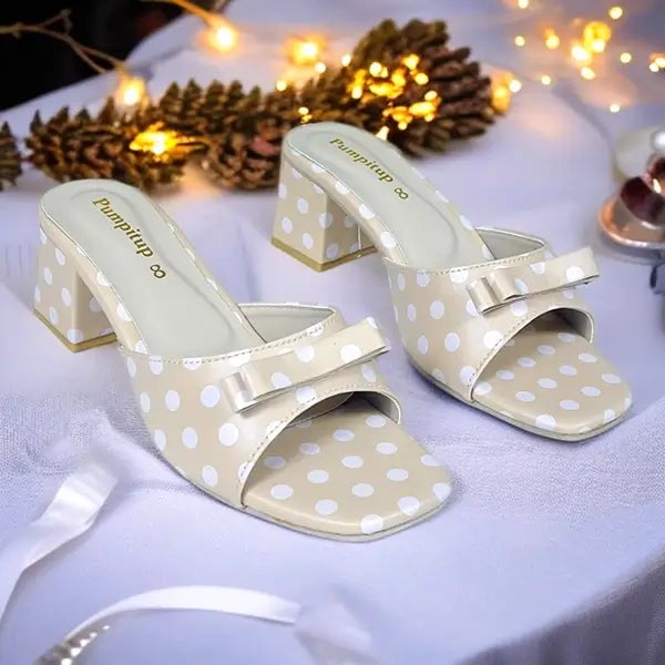 Polka Beige Daily Block Heels PIU_294 by PumpItUp, front view showing polka print upper and 2-inch block heel.
