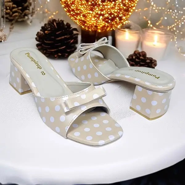 Polka Beige Daily Block Heels PIU_294 by PumpItUp, front view showing polka print upper and 2-inch block heel.