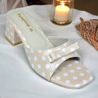 Polka Beige Daily Block Heels PIU_294 by PumpItUp, front view showing polka print upper and 2-inch block heel.