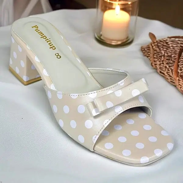 Polka Beige Daily Block Heels PIU_294 by PumpItUp, front view showing polka print upper and 2-inch block heel.