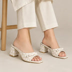 Polka Beige Daily Block Heels PIU_294 by PumpItUp, front view showing polka print upper and 2-inch block heel.