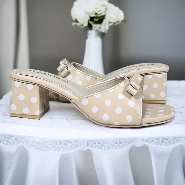 Polka Beige Daily Block Heels PIU_294 by PumpItUp, front view showing polka print upper and 2-inch block heel.