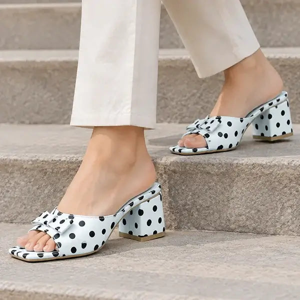 Polka Black Daily Block Heels PIU_295 by PumpItUp, front view of black polka print 2 inch block heel