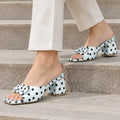 Polka Black Daily Block Heels PIU_295 by PumpItUp, front view of black polka print 2 inch block heel