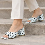 Polka Black Daily Block Heels PIU_295 by PumpItUp, front view of black polka print 2 inch block heel