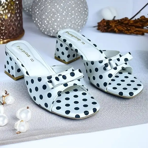 Polka Black Daily Block Heels PIU_295 by PumpItUp, front view of black polka print 2 inch block heel