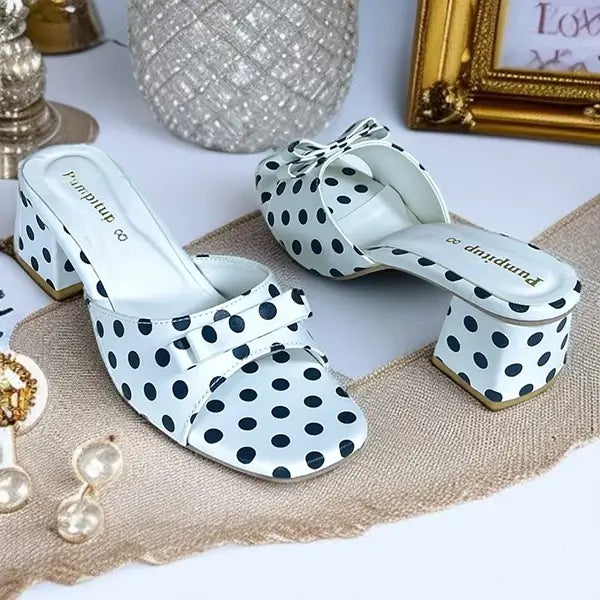 Polka Black Daily Block Heels PIU_295 by PumpItUp, front view of black polka print 2 inch block heel