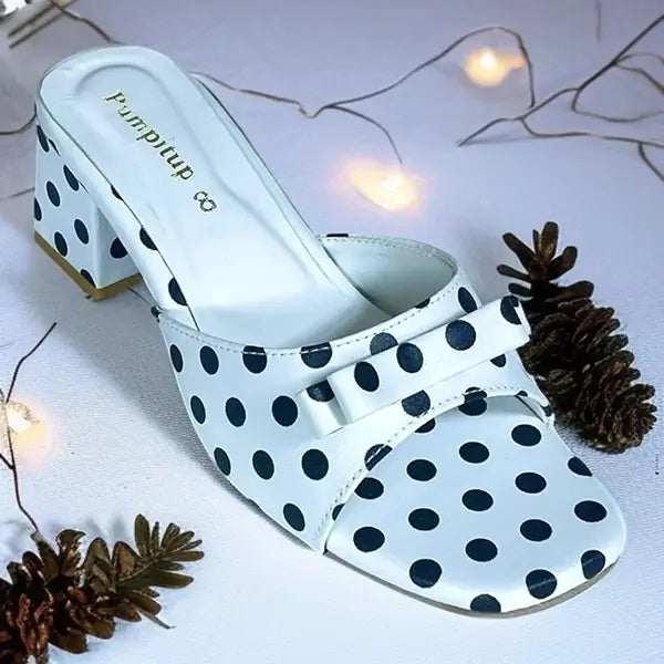 Polka Black Daily Block Heels PIU_295 by PumpItUp, front view of black polka print 2 inch block heel