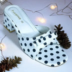 Polka Black Daily Block Heels PIU_295 by PumpItUp, front view of black polka print 2 inch block heel