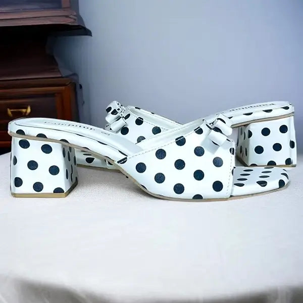 Polka Black Daily Block Heels PIU_295 by PumpItUp, front view of black polka print 2 inch block heel