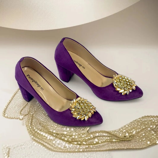 Purple Classy Stone Block Heel Pump PIU_103