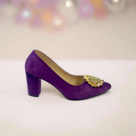 Purple Classy Stone Block Heel Pump PIU_103