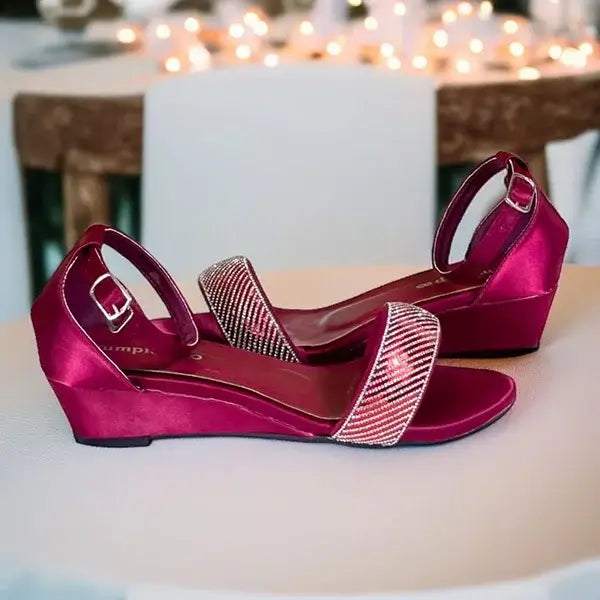 Mehroon Satin Fabric Rexine Wedge Sandals Women Pakistan - PIU_286 | PumpItUp