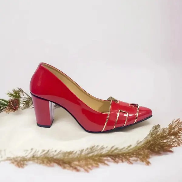 Red H Block Heel Court Shoe PIU_108 patent rexine ladies shoes PumpItUp.pk