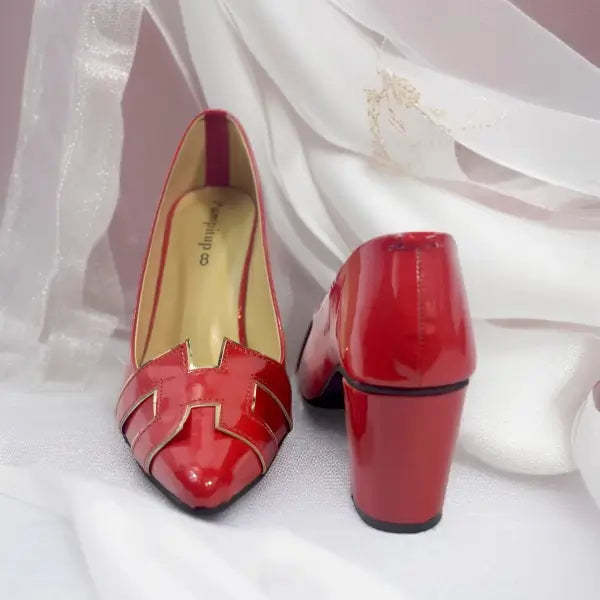 Red H Block Heel Court Shoe PIU_108 patent rexine ladies shoes PumpItUp.pk