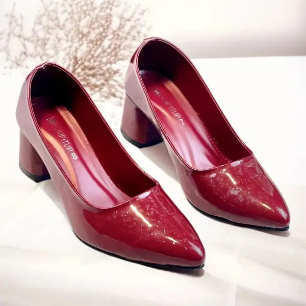 Red Midnight Gloss Block Heels PIU_233 dot patent rexine shoes PumpItUp.pk