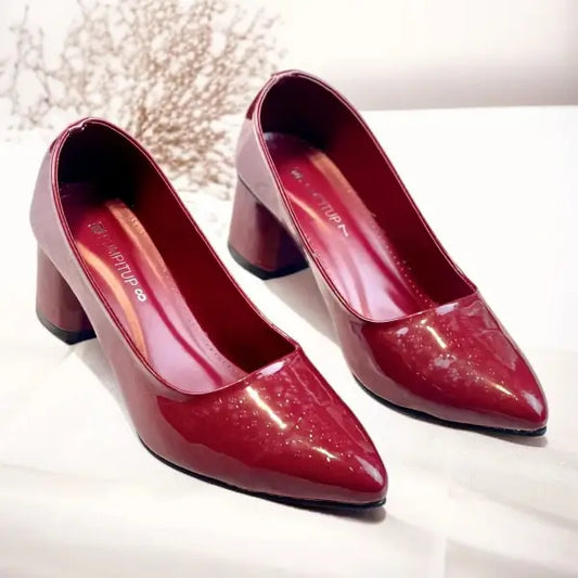 Red Midnight Gloss Block Heels PIU_233 dot patent rexine shoes PumpItUp.pk