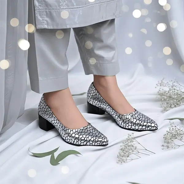 Silver Auric Scales Block Heel PIU_187 Shine Sweet Silver-Coated Finish ladies shoes PumpItUp.pk