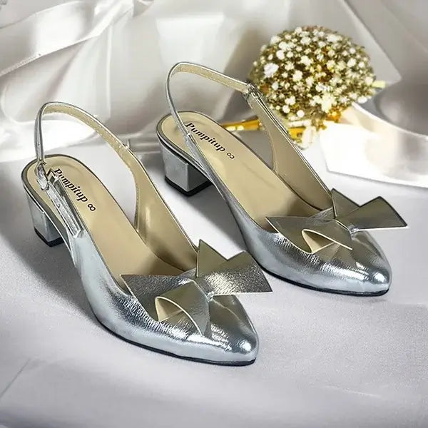  Silver Bow Slingback Block Heel Side View 1.5 Inch Heel - PIU_288 | PumpItUp

