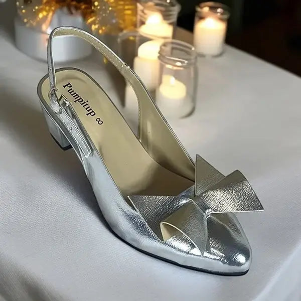  Bow Detail Close-Up Silver Slingback Block Heel PIU_288 - PumpItUp Pakistan

