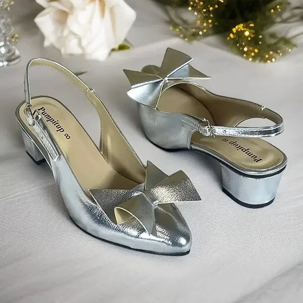 Bow Detail Close-Up Silver Slingback Block Heel PIU_288 - PumpItUp Pakistan

