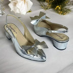 Bow Detail Close-Up Silver Slingback Block Heel PIU_288 - PumpItUp Pakistan

