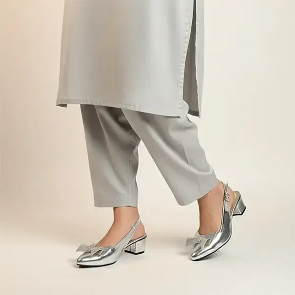 Silver Grace Bow Slingback Block Heel in Silver - PIU_288 | PumpItUp

