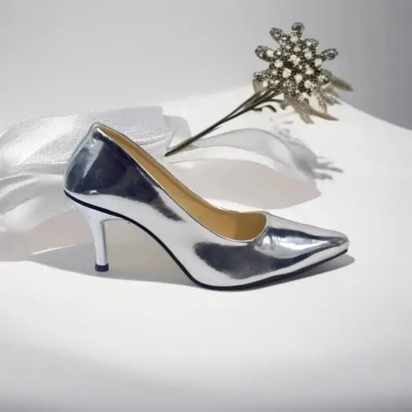 Silver Reflected Comfy Pencil Heel Pump PIU_50 Silver Shine Patent Rexine ladies shoes PumpItUp.pk