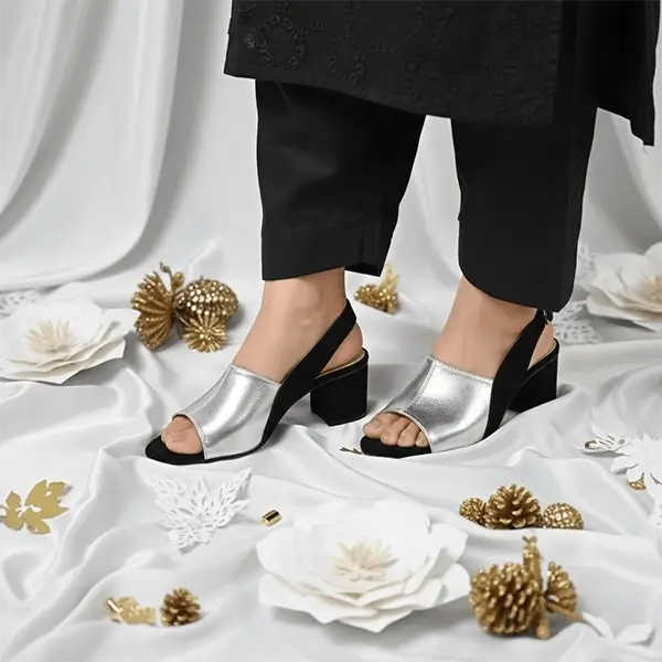 Silver Rush Slingback Block Heel Sandal PIU_188 Sweet & French Gold Rexine ladies shoes PumpItUp.pk