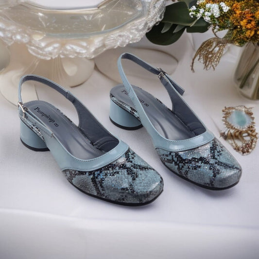 Slate Gray Python Power Slingback PIU_219 textured block heel slingback shoes PumpItUp.pk