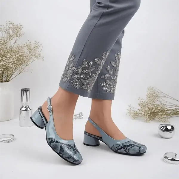 Slate Gray Python Power Slingback Block Heel PIU_219 Imported Patent Rexine ladies shoes PumpItUp.pk