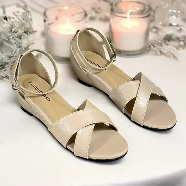 Cream Cross Strap Wedge Sandals Pakistan - PIU_285 | PumpItUp