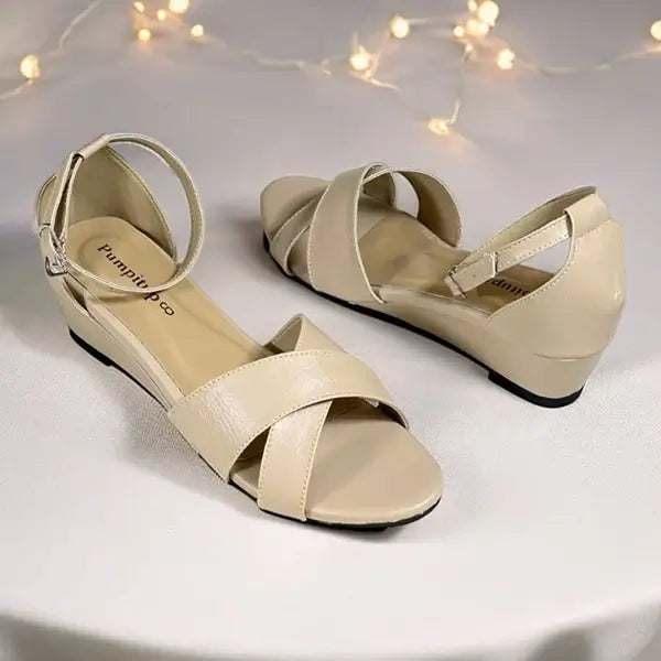 Soft Cream Wedge Sandals Leather Sofa Rexine - PIU_285 | PumpItUp