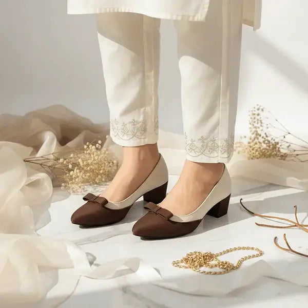 White & Brown Tie Block Heel Pump PIU_112 amarah rexine ladies shoes PumpItUp.pk