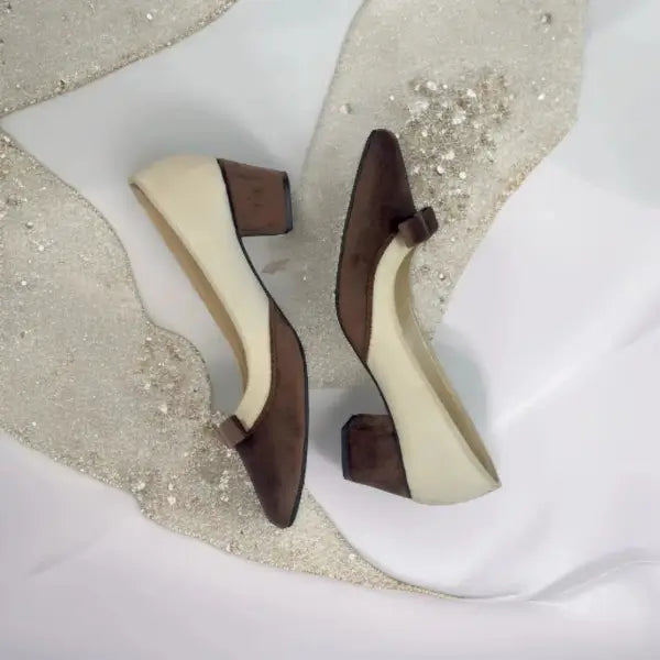 White & Brown Tie Block Heel Pump PIU_112 amarah rexine ladies shoes PumpItUp.pk