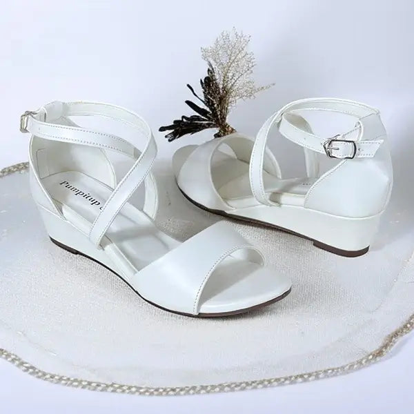 White Cross Strap Wedge Sandals with Imported Sofa Rexine 
 – PIU_277