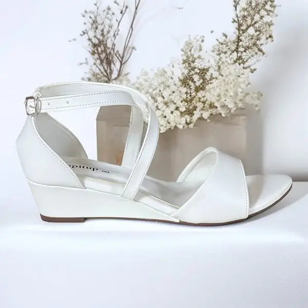 White Cross Strap Wedge Sandals with Imported Sofa Rexine 
 – PIU_277