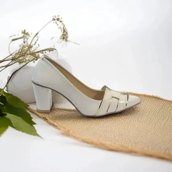 White H Block Heel Court Shoe PIU_83 shine rexine ladies shoes PumpItUp.pk