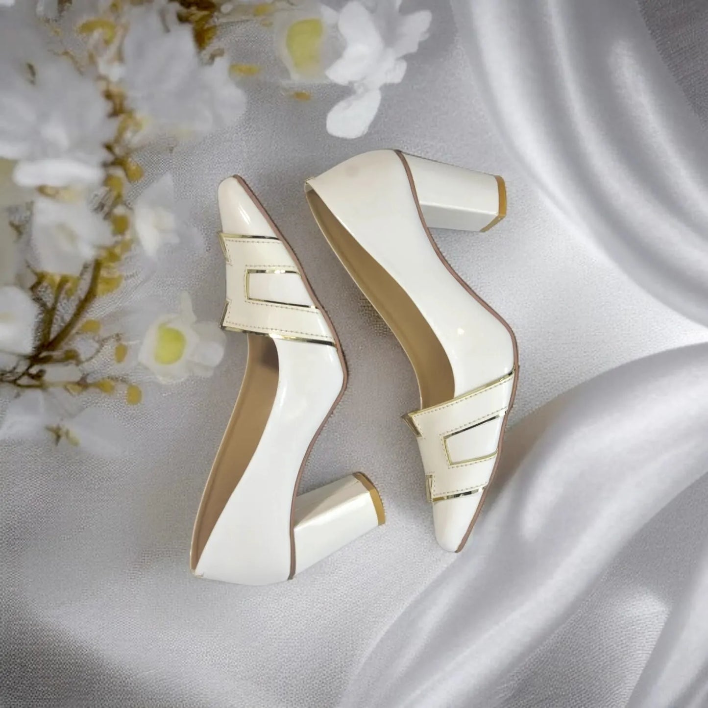 White H Block Heel Court Shoe PIU_83