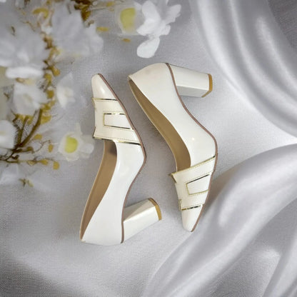 White H Block Heel Court Shoe PIU_83