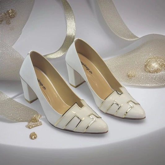 White H Block Heel Court Shoe PIU_83