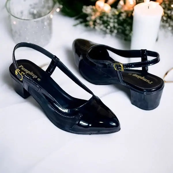 Black Slingback Court Shoes Close-Up – Patent Mesh Heels Pakistan